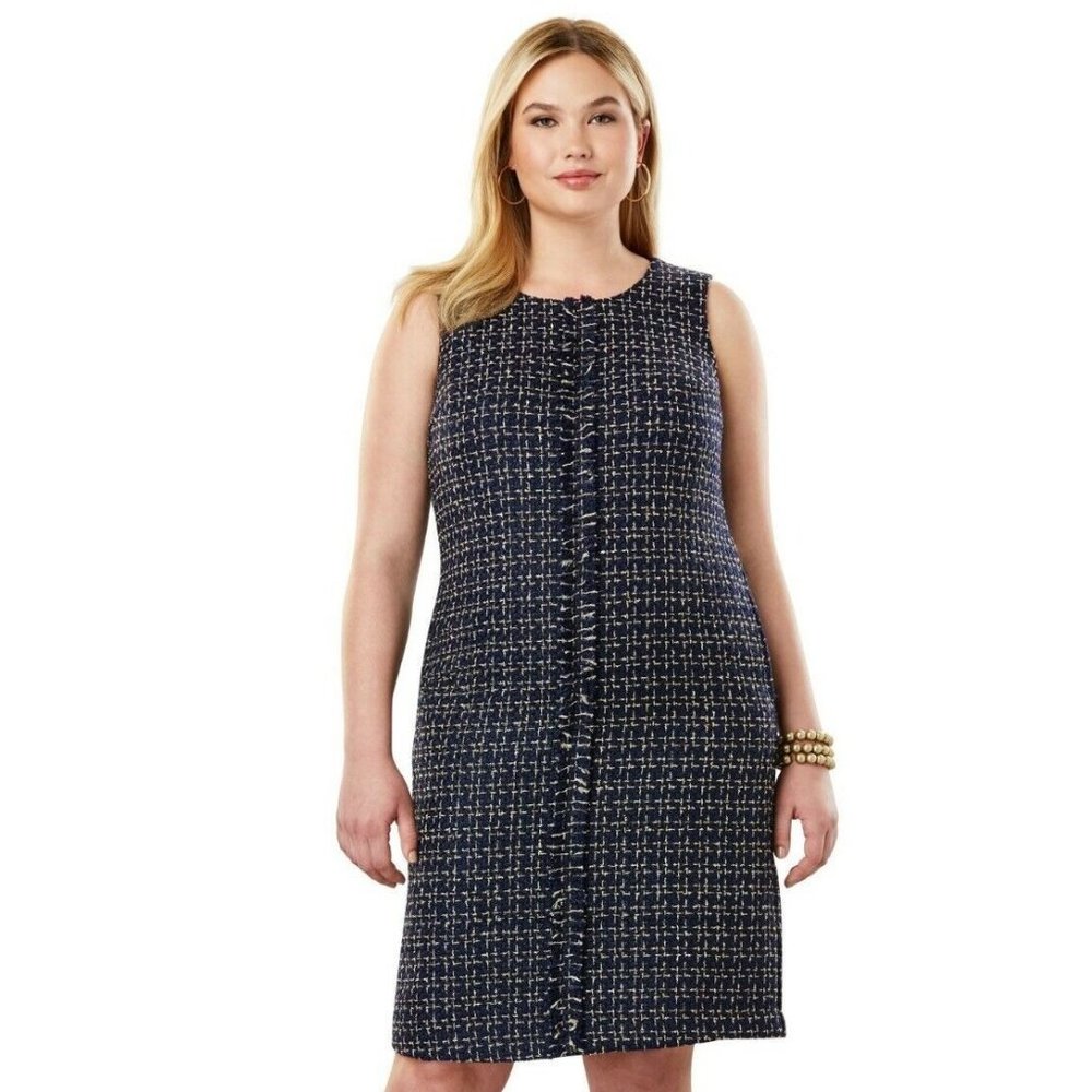 NWT Jessica London 12W Women's Plus Blue Gold Metallic Tweed Shift Dress